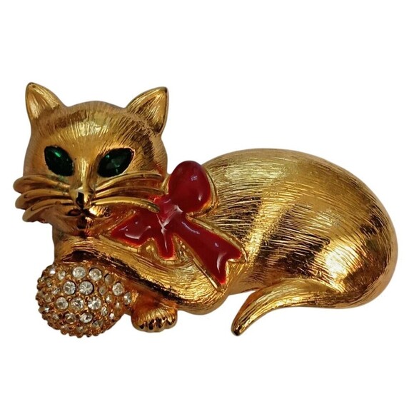 Napier Gold Tone Emerald Green Clear Rhinestone Cat Pin Brooch Vintage Signed - Picture 1 of 6